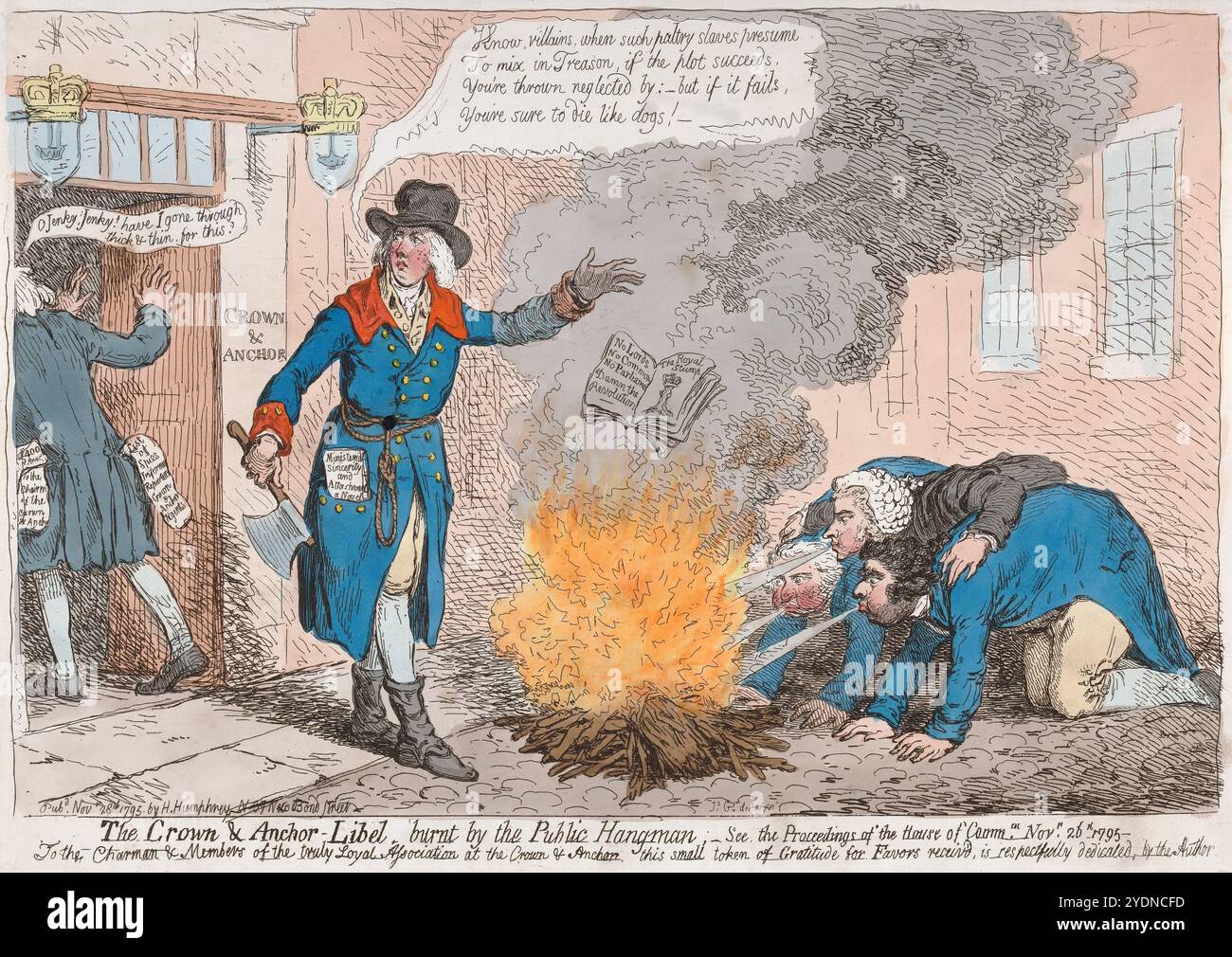 Ein humorvoller Cartoon von James Gillray, der einen handfarbenen Gravur der Verleumdung der Krone und des Ankers, die vom öffentlichen Henker verbrannt wurde, sowie eine Aquarellätzung auf Papier menschliche Karikaturen aus der georgianischen Ära des 18. Jahrhunderts 1795 Stockfoto