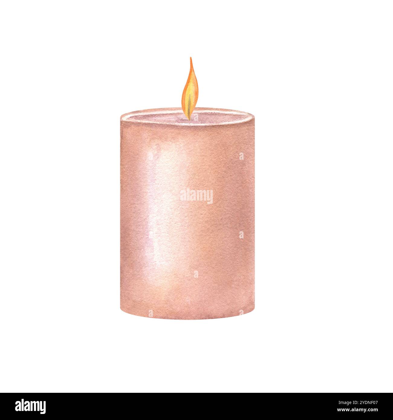Brennende breite Paraffinwachskerze in neutraler Aquarellabbildung. Kerzenflamme Vorlage für Neujahr, Weihnachtsfeiertag Grußkarte Konzept Stockfoto