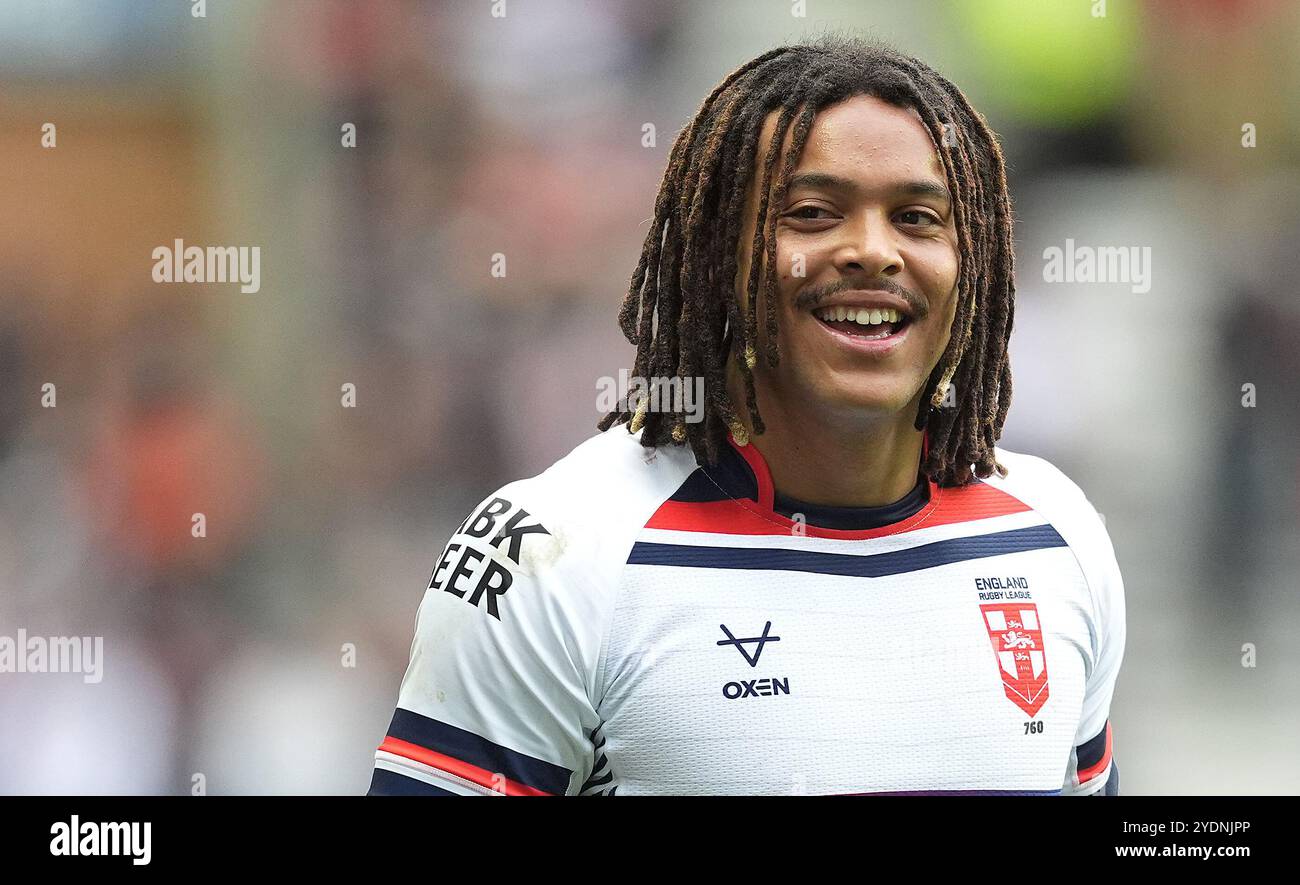 Englands Dom Young während des Spiels gegen Samoa, während des Spiels der International Rugby League im Brick Community Stadium, Wigan. Bilddatum: Sonntag, 27. Oktober 2024. Stockfoto