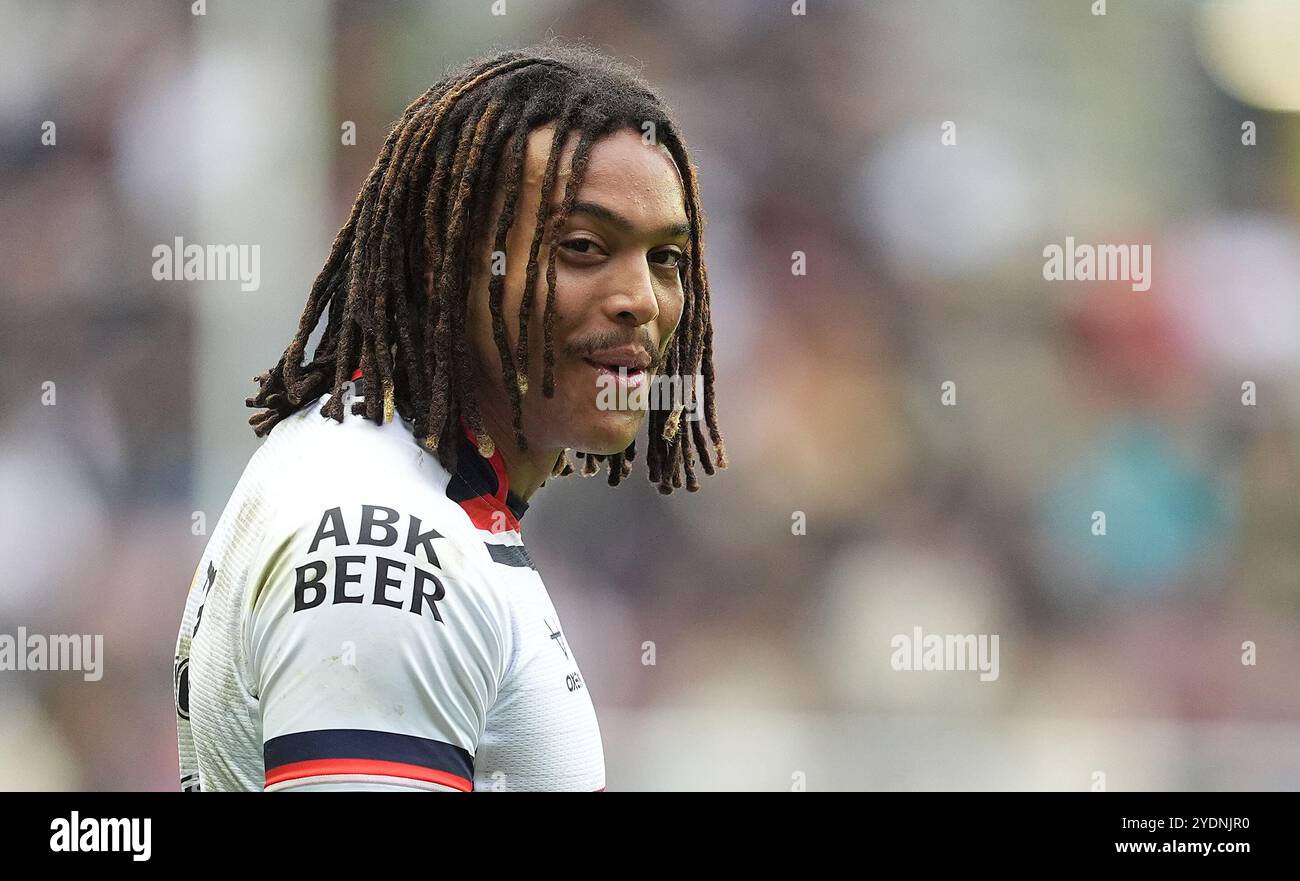 Englands Dom Young während des Spiels gegen Samoa, während des Spiels der International Rugby League im Brick Community Stadium, Wigan. Bilddatum: Sonntag, 27. Oktober 2024. Stockfoto