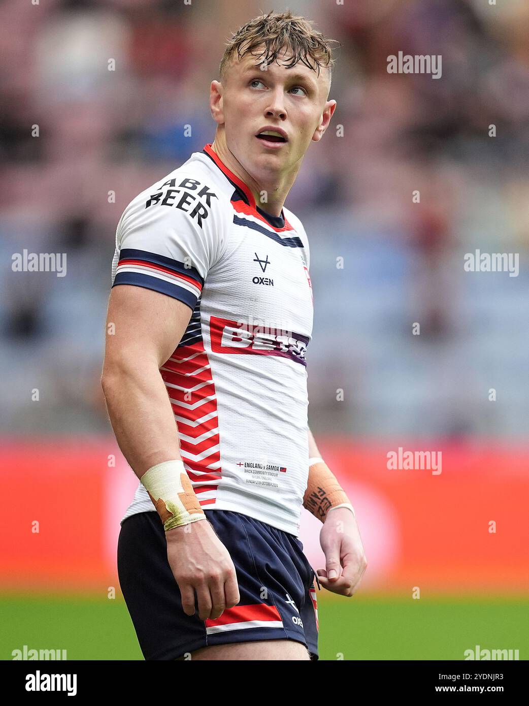 Der Engländer Harry Newman während des Spiels gegen Samoa, während des Spiels der International Rugby League im Brick Community Stadium, Wigan. Bilddatum: Sonntag, 27. Oktober 2024. Stockfoto