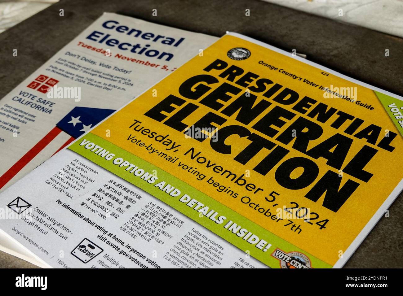 2024 Wahlbeispiele für die US-Präsidentschaftswahlen und Wählerinformationsblatt Stockfoto