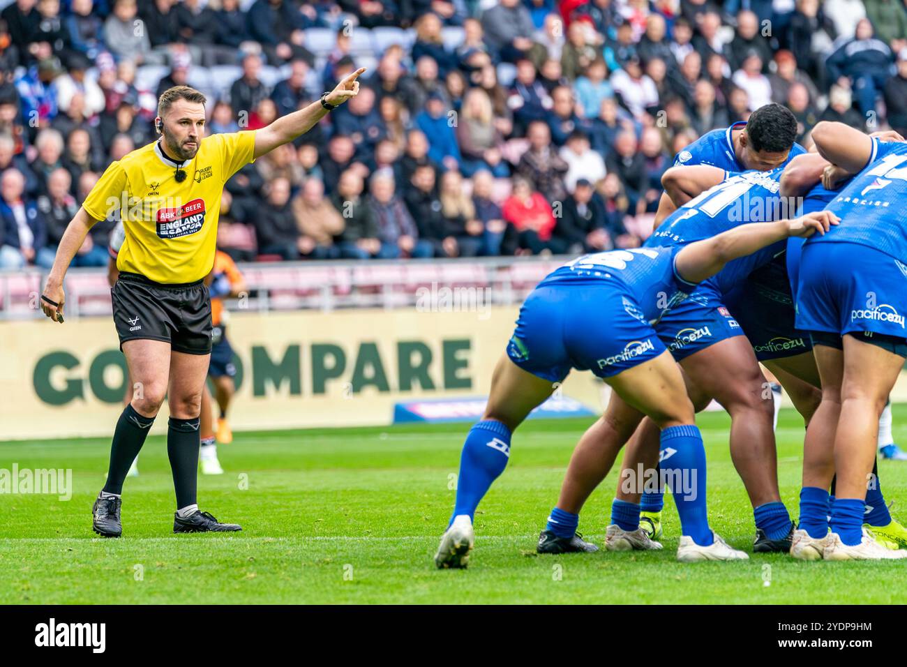 Wigan, Großbritannien, 27. Oktober 2024. ABK Beer England gegen Samoa International Test Series 2024. Schiedsrichter Liam Moore. Credit Paul Whitehurst/PBW Media/Alamy Live News Stockfoto