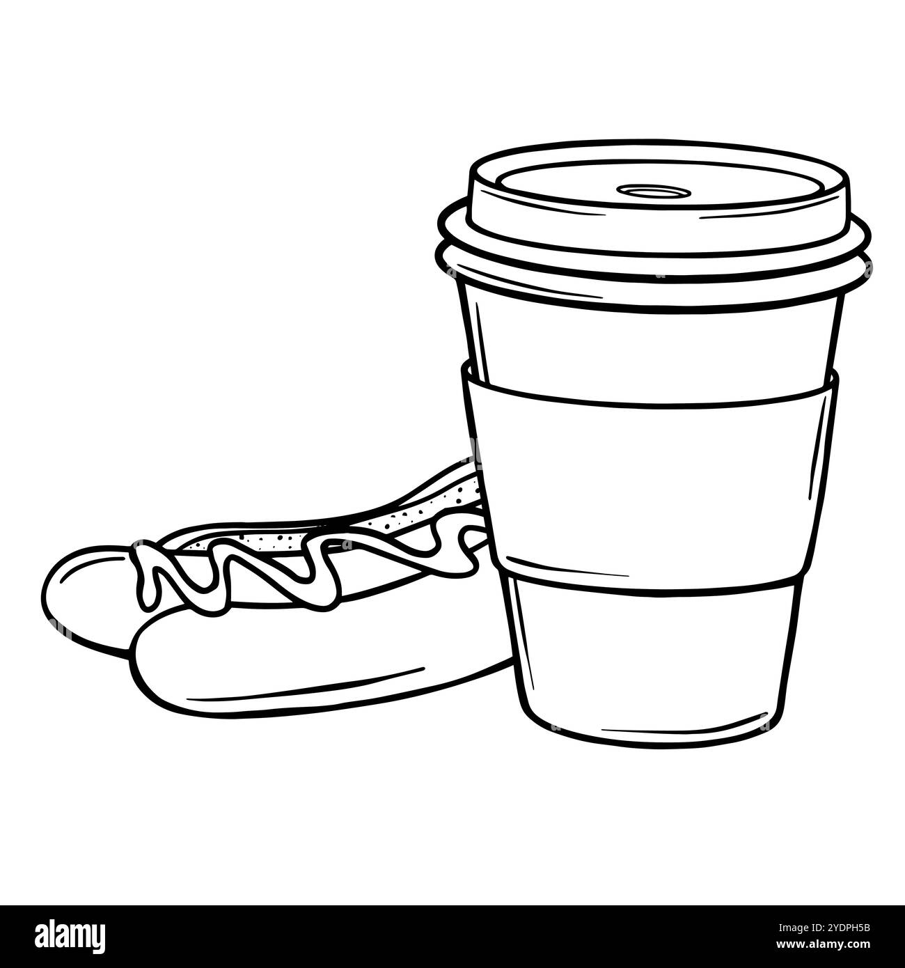 Papierskizze für Kaffeetassen und Hot Dog. Coffee To Go und Wurst in Brot Umrisszeichnung mit schwarzer Tinte gemalt. Handgezeichnete Vektorillustration auf weiß. Stock Vektor