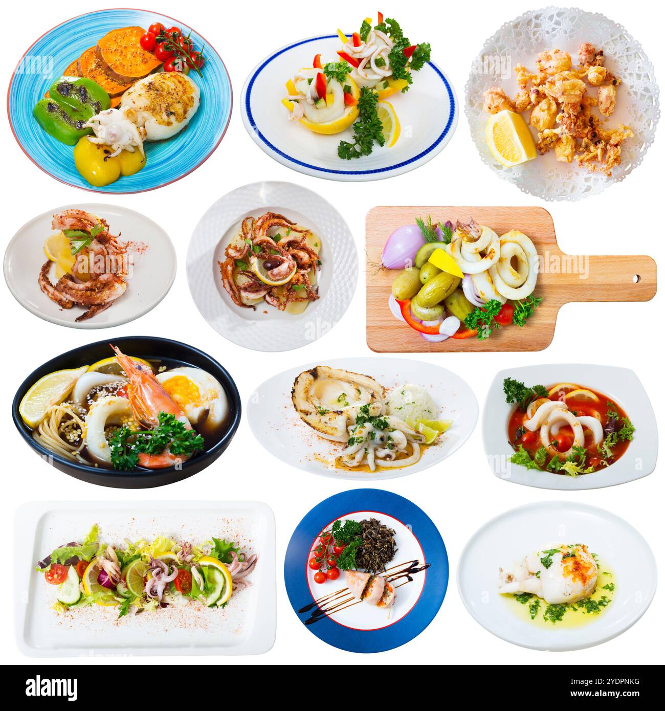 Collage von Tintenfisch- und Tintenfischgerichten Stockfoto