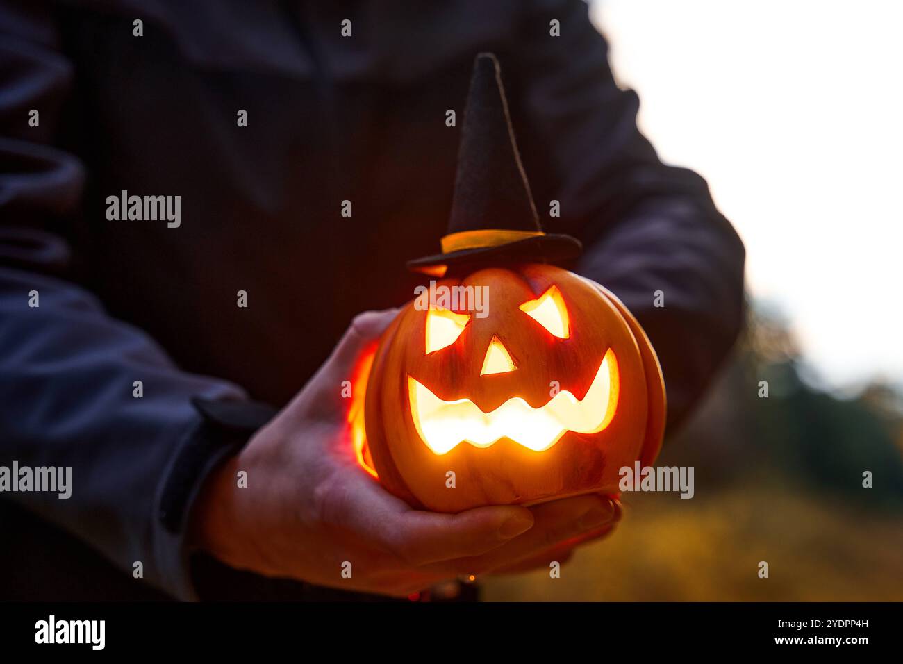 Bayern, Deutschland - 27. Oktober 2024: Mann mit Halloween Kürbislaterne in der Dunkelheit im Herbst *** Mann mit Halloween-Kürbis-Laterne in der Dunkelheit im Herbst Stockfoto