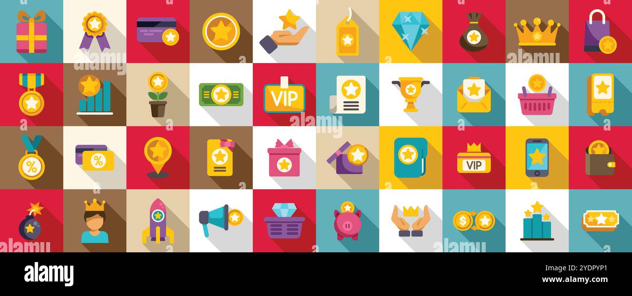 Symbole für exklusive Vorteile. Treueprogramm mit Premium-Vorteilen und exklusiven Prämien für Kunden, die die Interaktion und Zufriedenheit steigern Stock Vektor