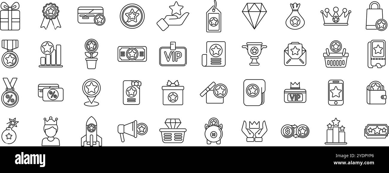 Symbole für exklusive Vorteile. Treueprogramm mit Premium-Vorteilen, exklusiven Prämien, vip-Behandlung und verschiedenen Vergünstigungen für geschätzte Kunden Stock Vektor