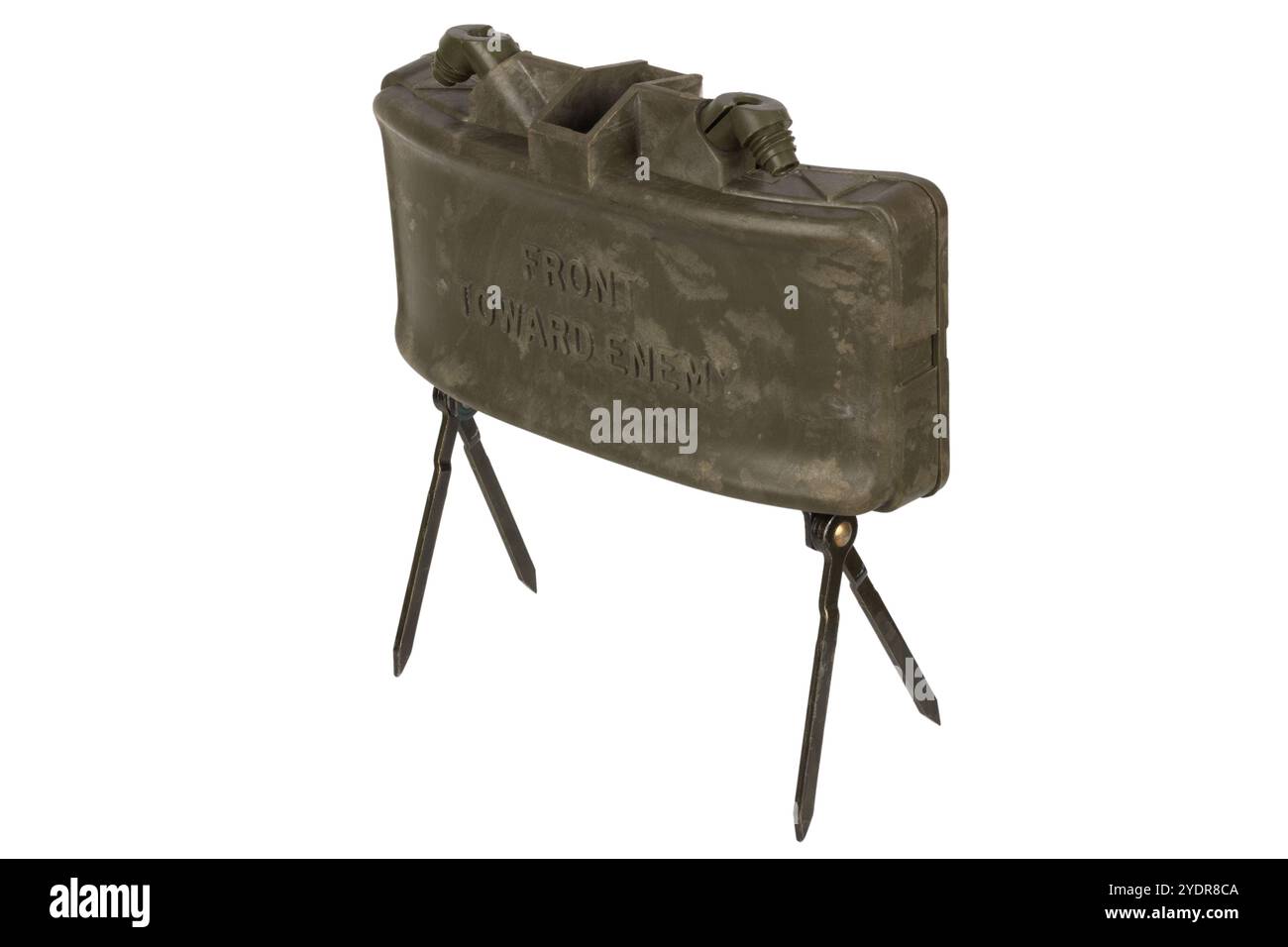 Die M18 Claymore Mine ist eine direktionale Antipersonenmine, die für die Streitkräfte der Vereinigten Staaten entwickelt wurde. Isoliert auf weißem Hintergrund. Stockfoto