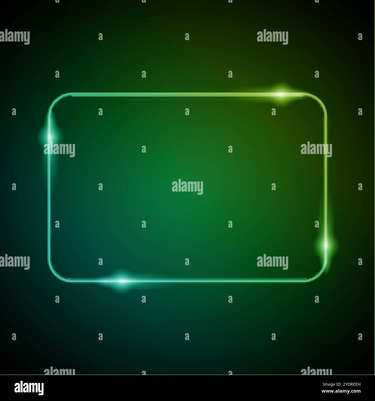Neonrahmen mit Glimmern und Sparkles. Elektronischer leuchtender, abgerundeter rechteckiger Rahmen in grünen Farben, für Unterhaltungs- oder Werbebotschaften im Dunkeln Stock Vektor