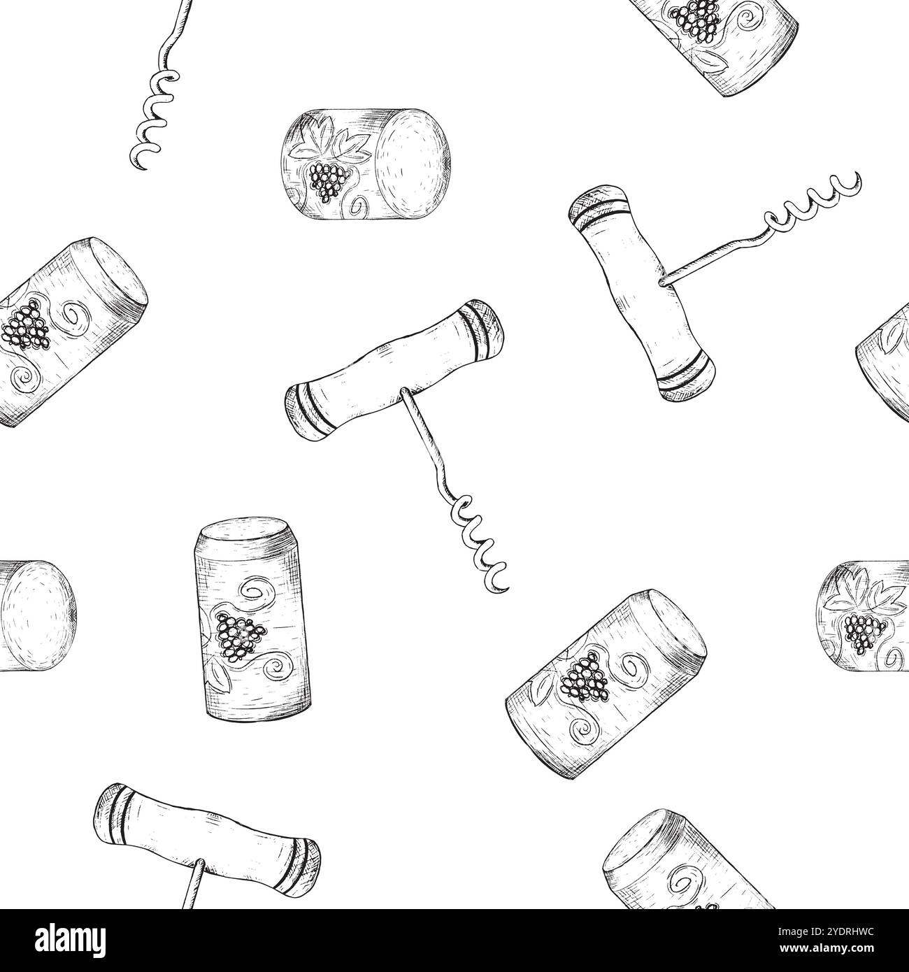 Charmantes Muster aus Weinkorken und Korkenziehern, perfekt für Weinliebhaber und Liebhaber von feinen Getränken. Handgezeichnete Vektor-Schwarzweiß-Grafiken in Strichgrafik zum Drucken auf Papier und Stoff. Stock Vektor