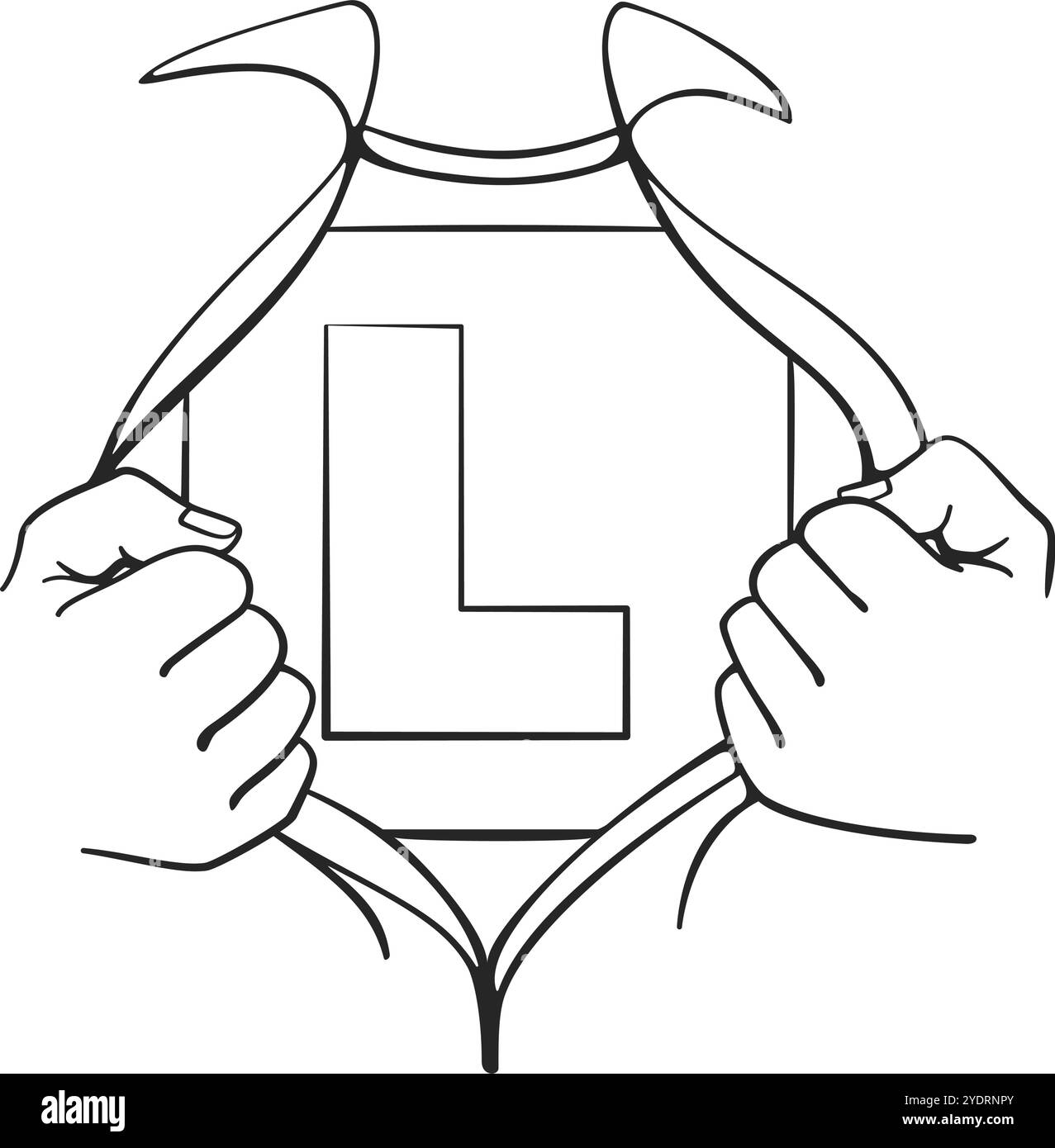 Das Shirt im Superheldenstil zeigt ein T-Shirt mit zwei Händen, das ein L-Schild zeigt, für den neuen Fahrer im Stil eines Line-Art-Vektors Stock Vektor
