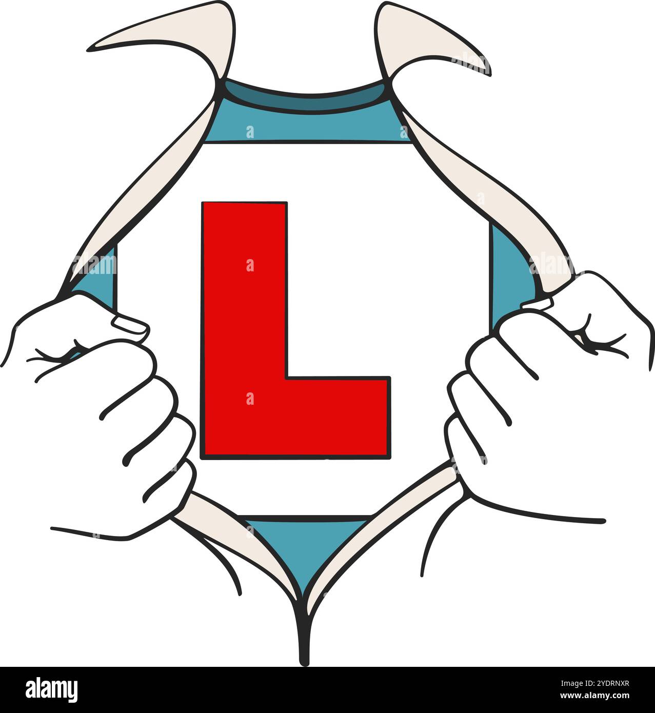 Das Shirt im Superheldenstil zeigt ein T-Shirt mit zwei Händen, das ein L-Schild zeigt, für den neuen Fahrer im Stil eines Line-Art-Vektors Stock Vektor