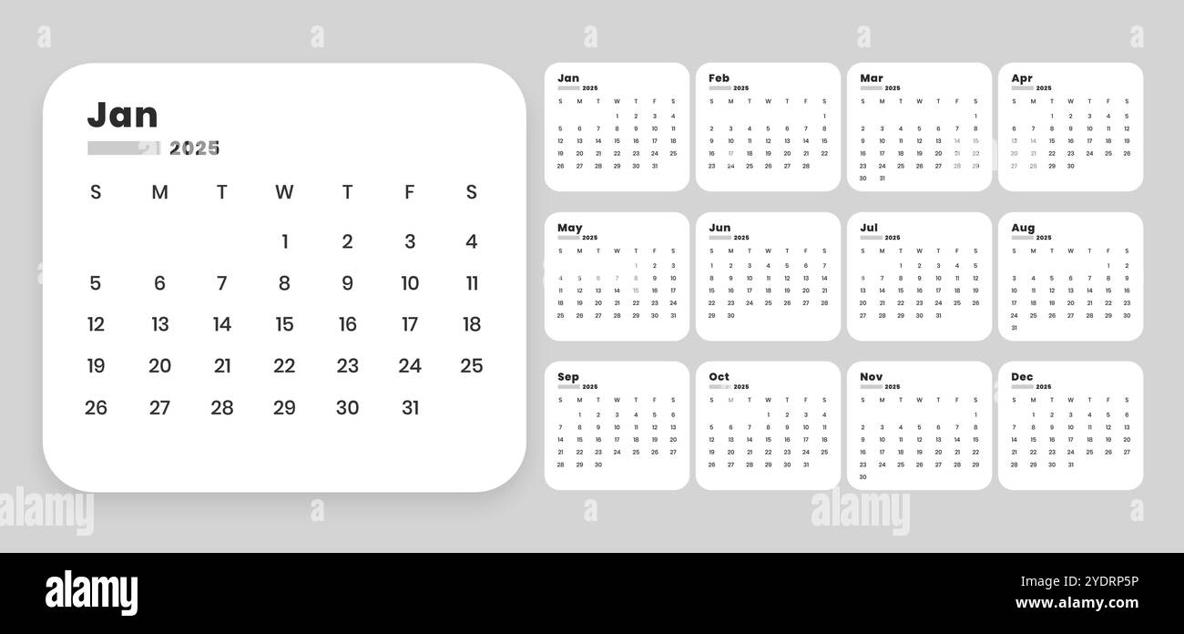 Mindestens 2025 jährliche englische Kalendervorlage druckbarer Designvektor Stock Vektor