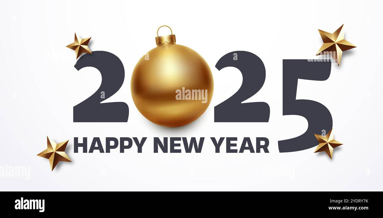 Text für das neue Jahr 2025 mit goldenen Sternen und weihnachtsball. Vektorbanner Hintergrundillustration für Feiertagsgrüße und Silvesterveranstaltungen. Stock Vektor