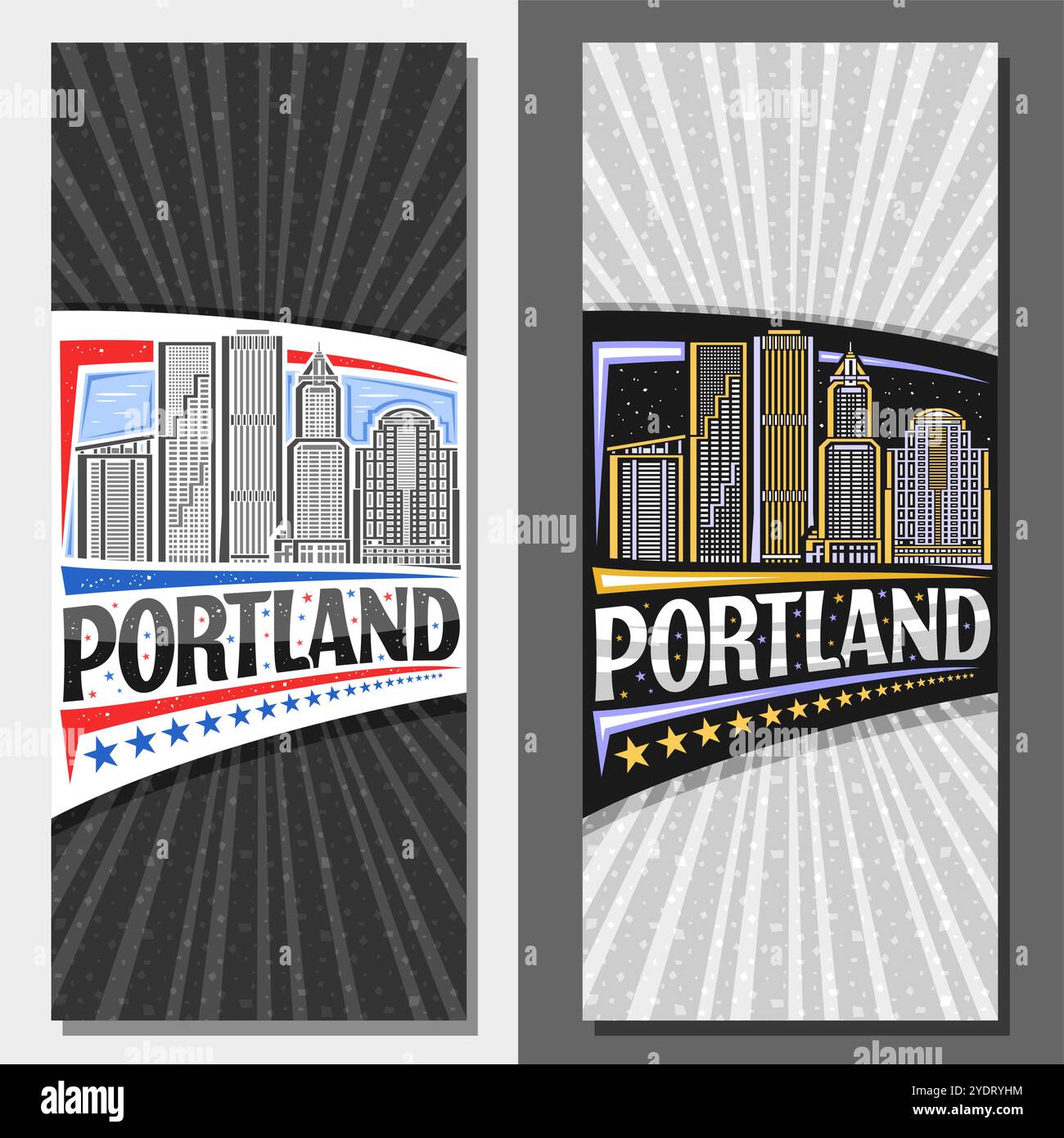 Vertikale Vektorlayouts für Portland, dekoratives Faltblatt mit Linienillustration der Stadtlandschaft von portland am Tag und Abenddämmerung Hintergrund, Kunst-Design-Tour Stock Vektor