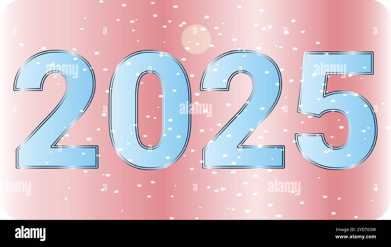Neujahr 2025 in himmelblauer Farbe mit Schneeblasen und glänzendem rosa Hintergrund Stock Vektor