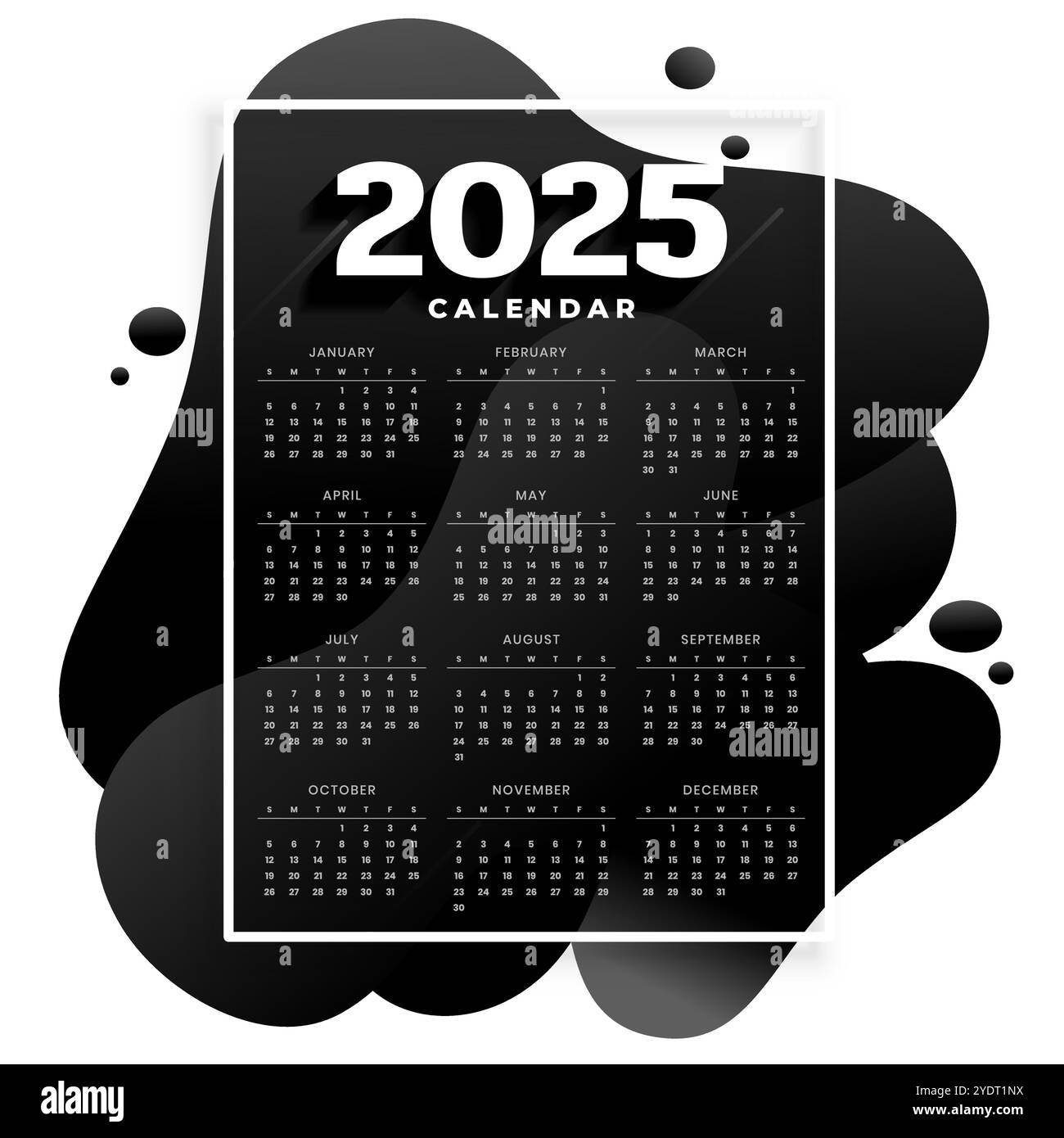 Weiß schwarz 2025 Jahreskalender Layout Design Vektor Stock Vektor