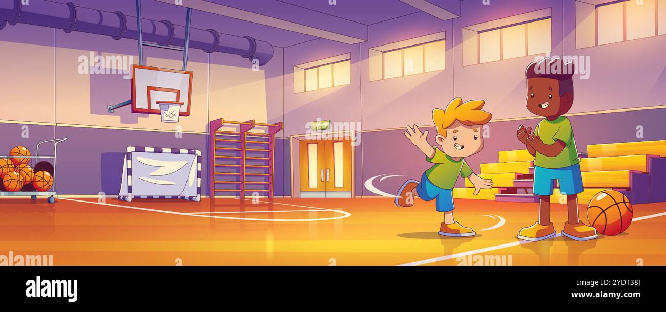 Kinder spielen im Schulstudio. Zeitgenössische Vektor-Karikaturillustration von zwei glücklichen Jungen, die auf leerem Basketballfeld springen und lächeln, Freunde, die Spaß zusammen haben, sportliche Aktivität, Bildung Stock Vektor