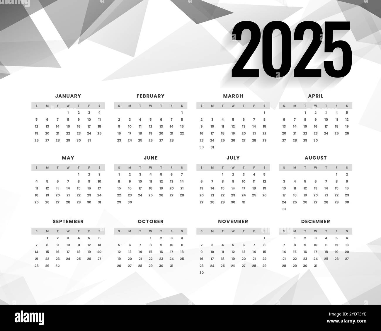 Minimum 2025 ganzseitige Kalendervorlage Woche beginnt sonntag Vektor Stock Vektor