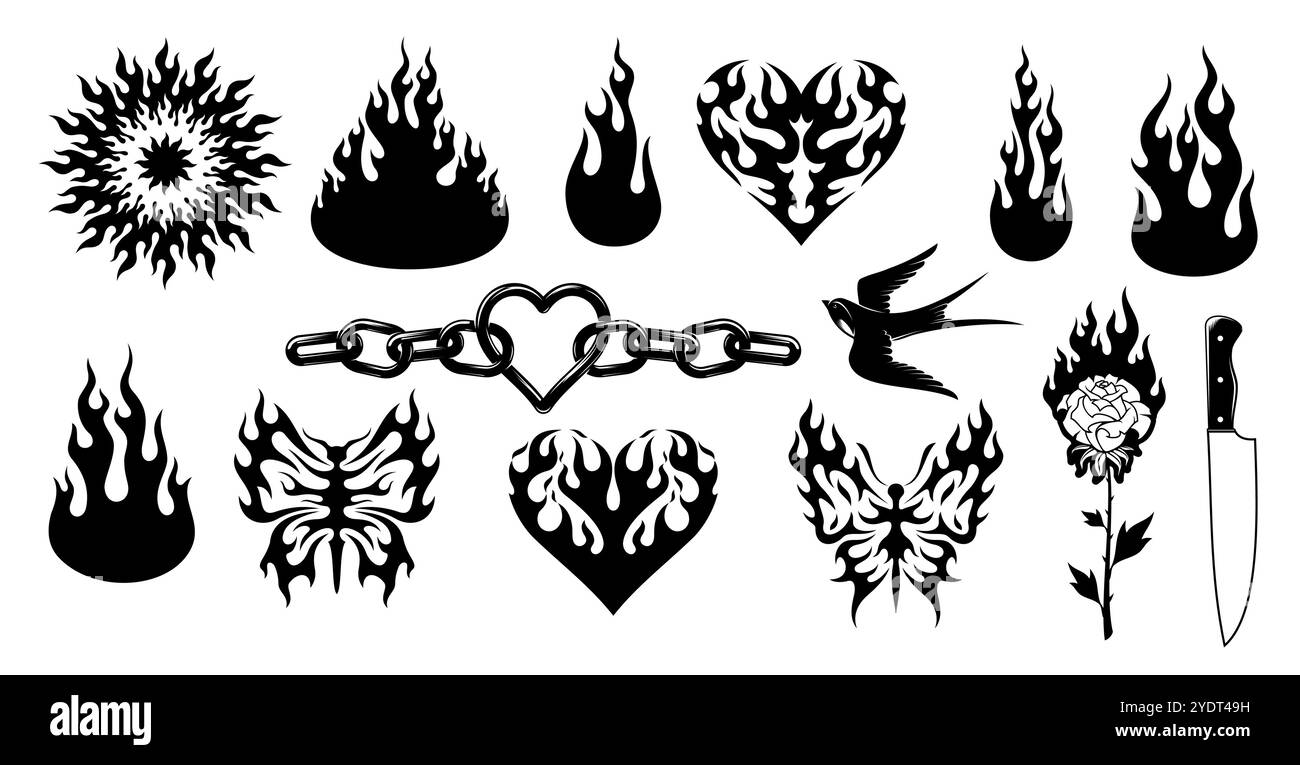 Tribal y2k Tattoo Set mit Feuer, Herzen, Ketten, Schmetterlingen, Rose, Messer und Vogel. Silhouetten im Vektor-Design in schwarzen Flammen, Retro-Symbole für Leidenschaft, Gefahr und Rebellion mit auffälligen feurigen Formen Stock Vektor