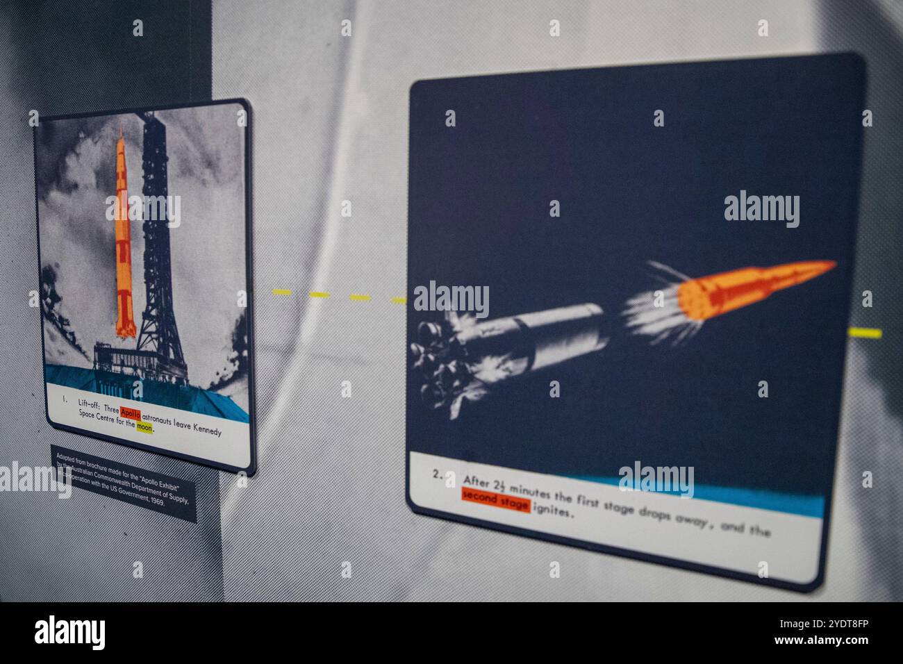 Eine Retro-Illustration, die zwei Szenen der Apollo-Weltraummission zeigt. Stockfoto