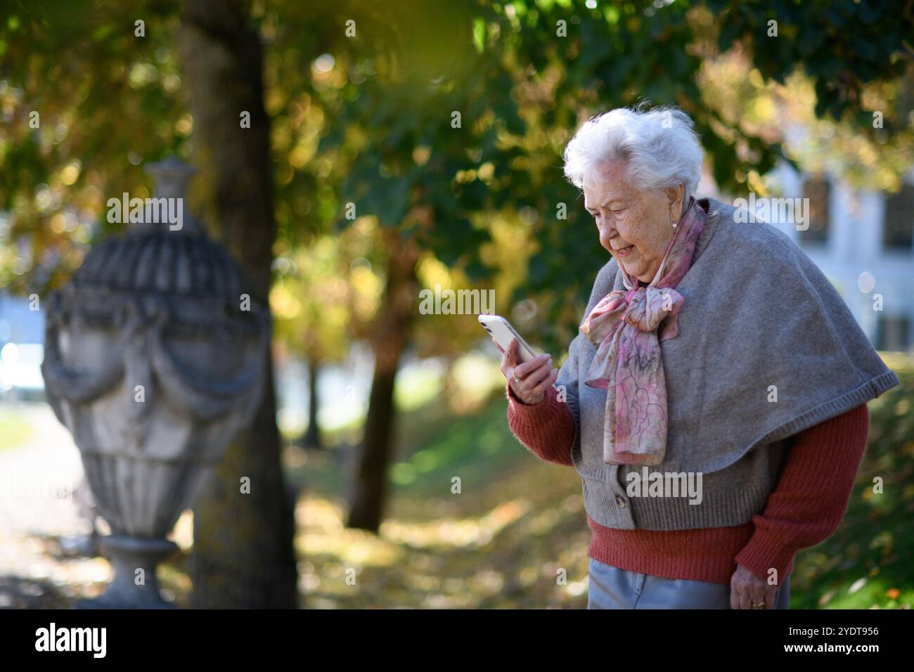 Eine ältere Frau im Park, die ein Smartphone hält und eine Nachricht liest. Stockfoto