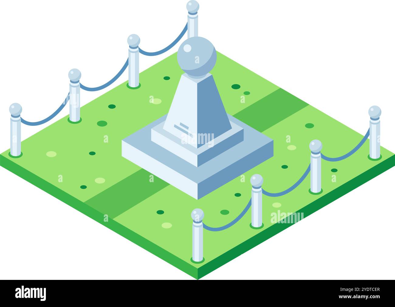 Denkmal mit Kugel oben stehend im grünen Park umgeben von Seilzaun, isometrische Aussicht Stock Vektor