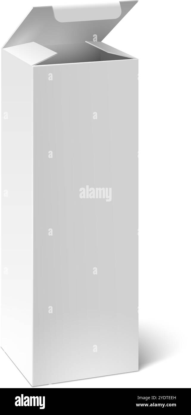 Weiße Kartonöffnung auf weißem Hintergrund, perfekt für die Präsentation von Produkten mit einem klaren Design. Ideal für Marketing- und Branding-Anforderungen Stock Vektor