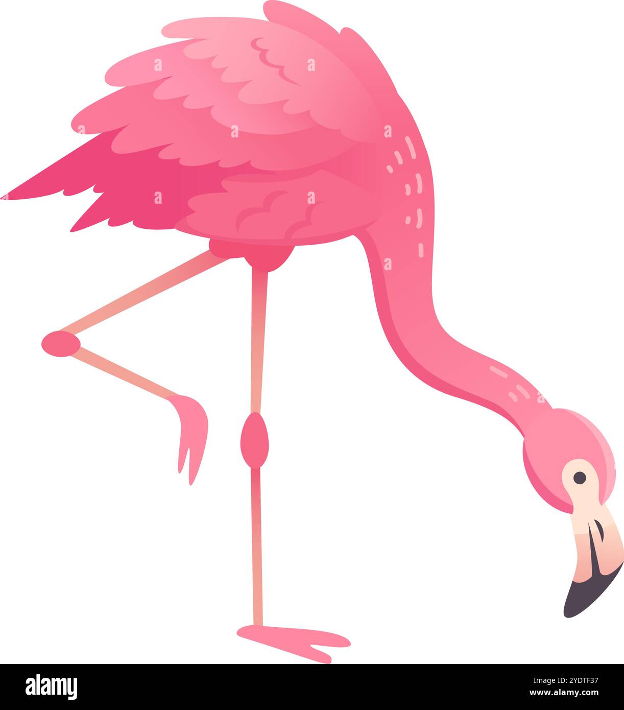 Comic-Flamingo, der auf einem Bein steht und sich beugt, isoliert auf weißem Hintergrund Stock Vektor