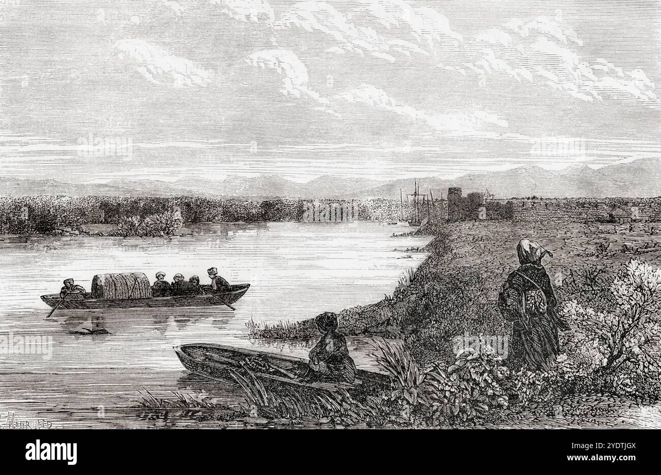 Die Mündung des Flusses Rioni oder Phasis, Poti, Georgia, 19. Jahrhundert. Aus Le Tour du Monde, veröffentlicht Paris, 1860. Stockfoto