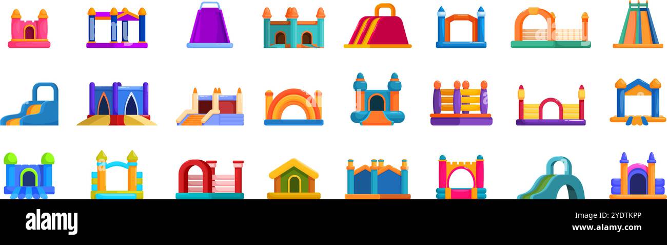 Aufblasbare Hüpfhaus-Symbole gesetzt. Bunte aufblasbare Spielstrukturen mit Schlössern, Rutschen und Hindernisplätzen bieten spannende Aktivitäten für Kinder Stock Vektor