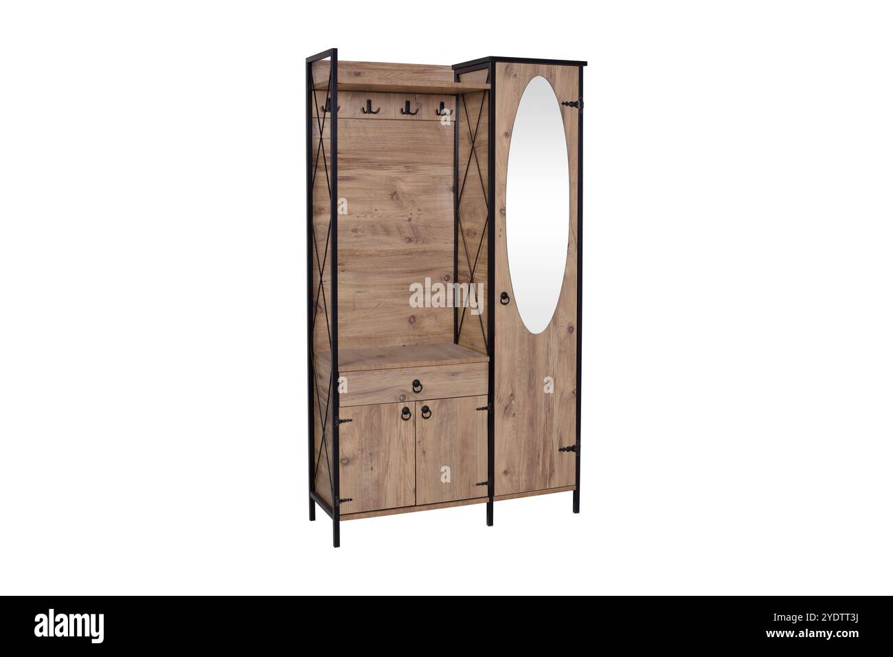 Moderner Holzschrank mit Spiegel und Haken - stilvolle Aufbewahrungslösung für Schlafzimmer und Eingänge Stockfoto