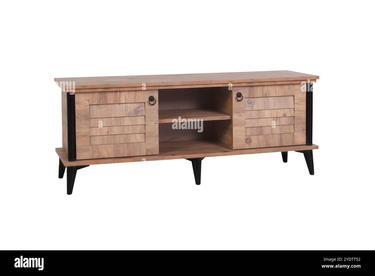 Moderner TV-Ständer aus Holz mit Schiebetüren und offenen Regalen - stilvolle und funktionale Medienkonsole für Wohnzimmer Stockfoto