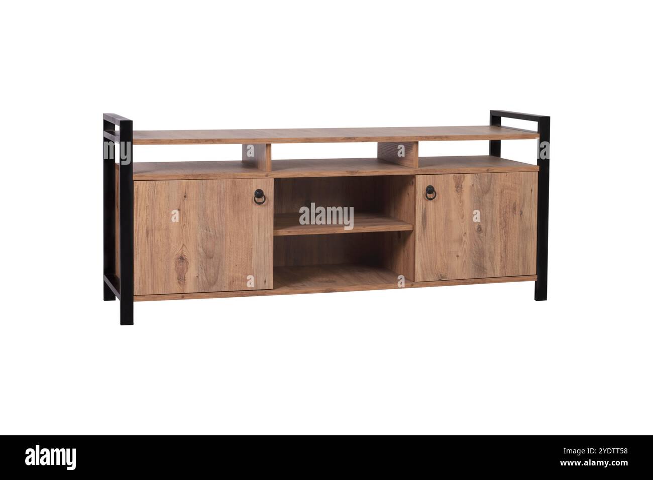 Moderner TV-Ständer aus Holz mit Schiebetüren und offenen Regalen - stilvolle und funktionale Medienkonsole für Wohnzimmer Stockfoto