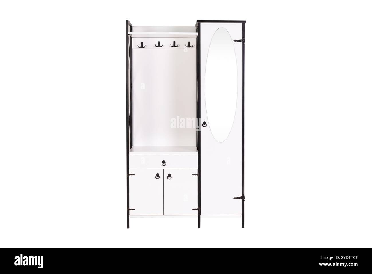 Moderner Holzschrank mit Spiegel und Haken - stilvolle Aufbewahrungslösung für Schlafzimmer und Eingänge Stockfoto