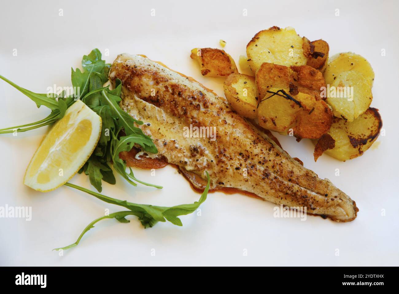 Mediterrane Küche, gebratenes Zanderfilet, Bratkartoffeln, Bratkartoffeln, Raketensalat, Zitronenkeil, Teller, serviert, Fischgericht, Lebensmittelfotografie Stockfoto