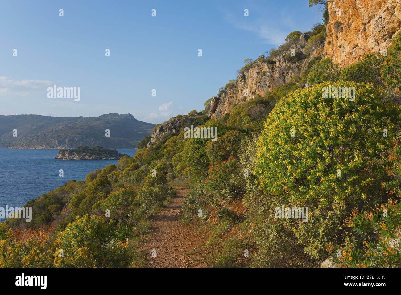 Pfad entlang der Küste mit üppiger Vegetation und Blick auf das Meer, Agia Kyriaki, Nafplio, Nauplia, Nauplion, Nafplion, Argolis, Argolischer Golf, Peloponnes Stockfoto