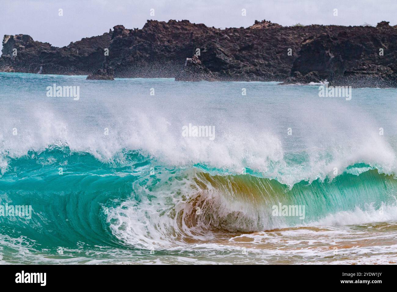 Riesige Wellen brechen am Strand von Ascension Island im tropischen Atlantik, Südatlantik Stockfoto