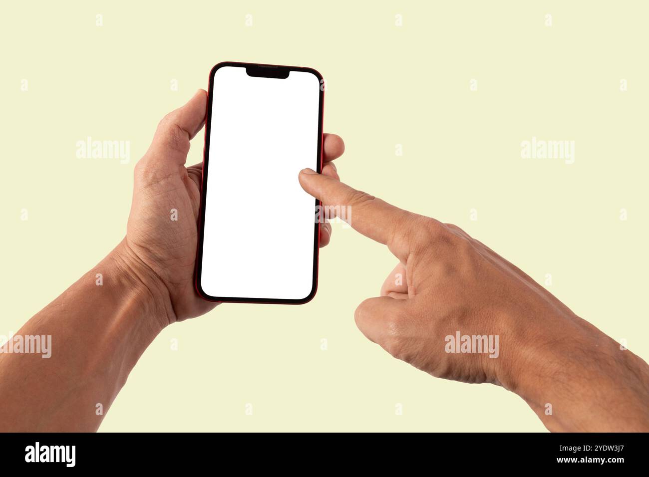 Männliche Hände halten einen blanck-Bildschirm des Smartphones, zeigen Geste, auf hellgrünem Hintergrund Stockfoto