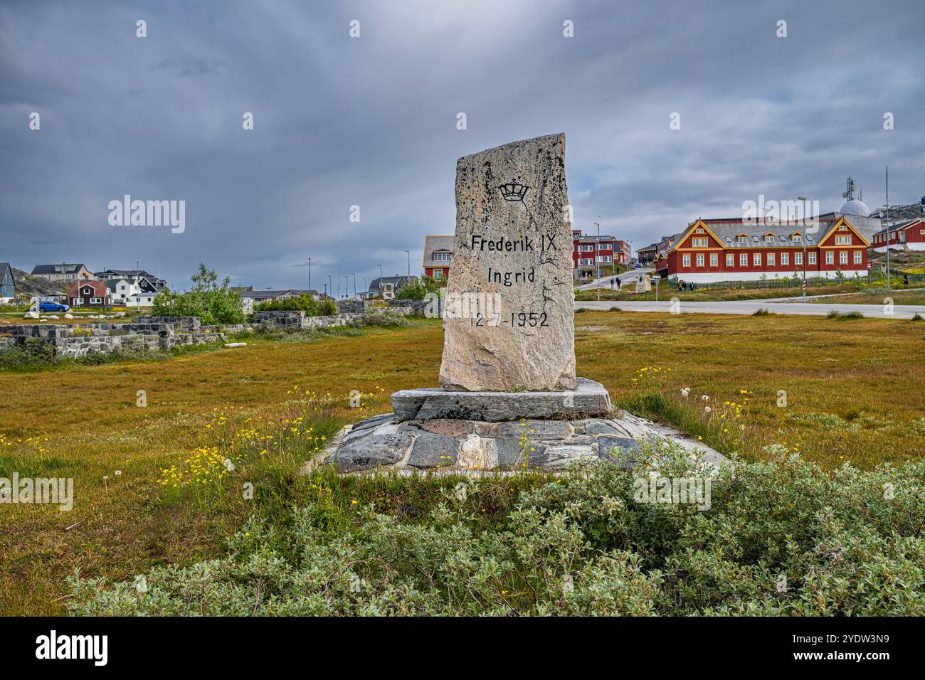 Königlicher Besuch des Gedenksteins, Nuuk, Hauptstadt Grönlands, Dänemark, Polarregionen Stockfoto