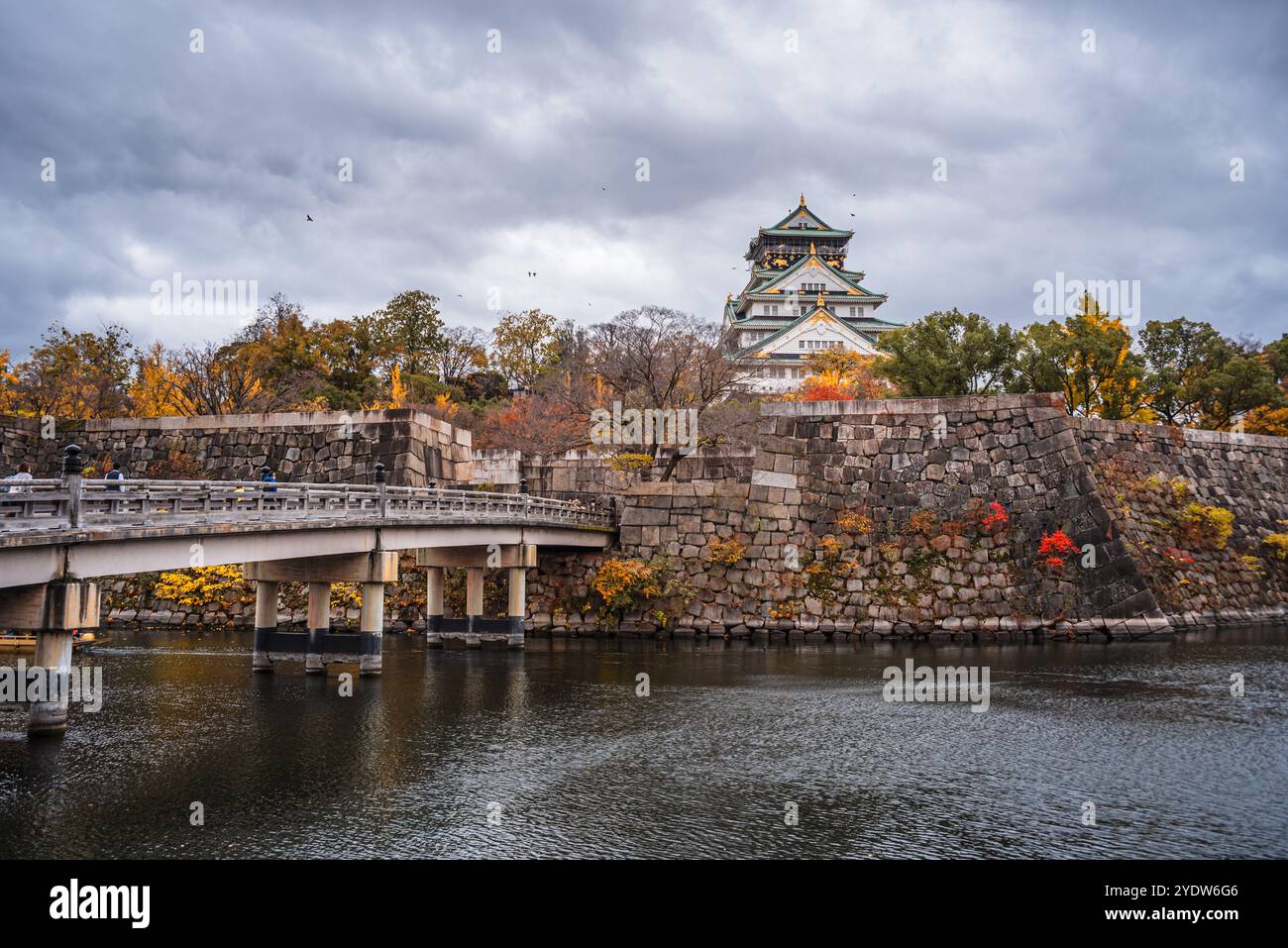 Wunderschöner Burggraben von Osaka im Herbst (Herbst) mit Brücke über das Wasser in Richtung Samurai Castle, Osaka, Honshu, Japan, Asien Stockfoto