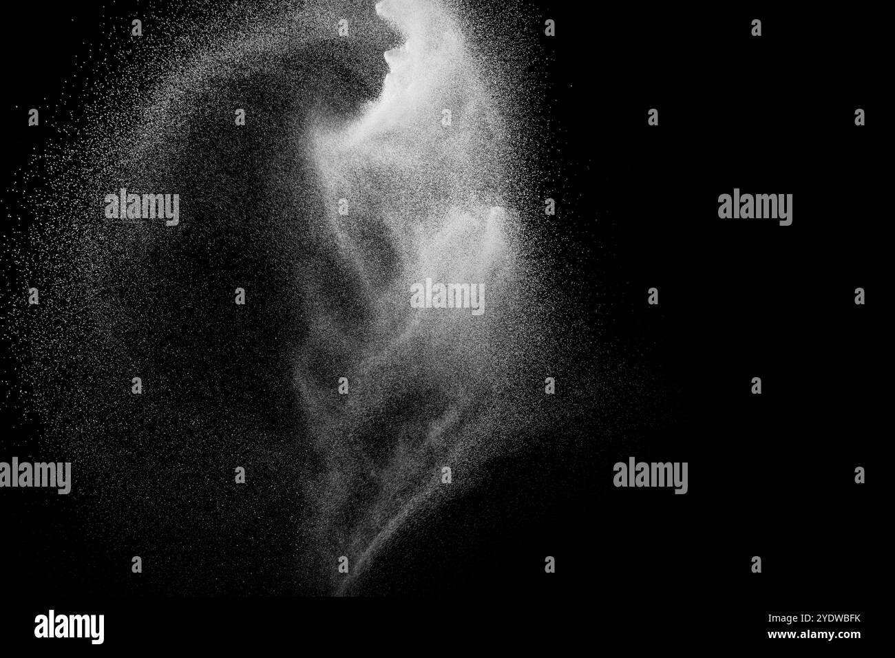 Weiße Pulverexplosion isoliert auf schwarzem Hintergrund. Weiße Staubpartikel spritzen.Color Holi Festival Stockfoto