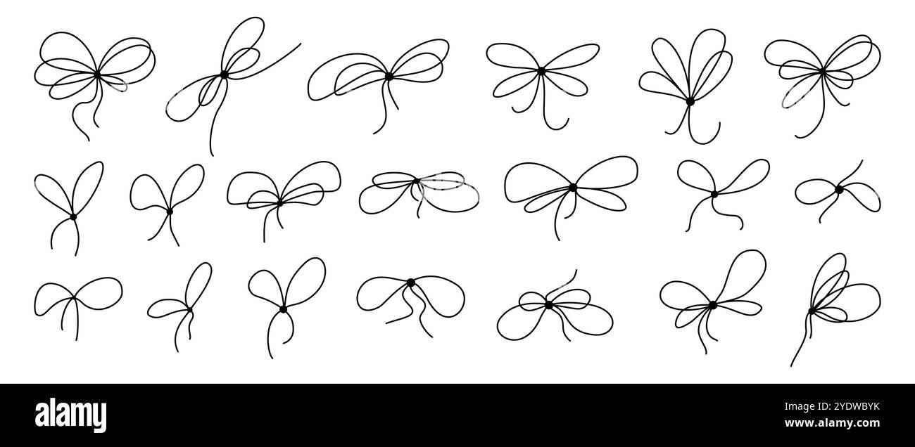 Geschenkschleife mit Schleifenband, Symbol-Set. Handgezeichnete Knoten für Box im Doodle-Stil. Vektor-Illustration perfekt für Feiertagsdekor und saisonale Designs Stock Vektor