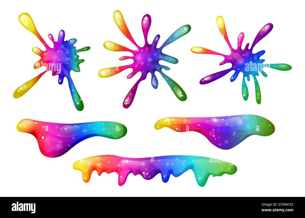 Tropfender Regenbogenschleim mit leuchtenden Farben. Rainbow Splash Kollektion auf transparentem Hintergrund. Ideal, um verspielt und giftig zu sein Stock Vektor