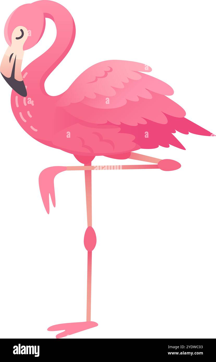 Anmutiger rosafarbener Flamingo auf einem Bein in tropischer Umgebung, der Projekte mit lebendigem minimalistischem Design Charme und Niedlichkeit verleiht. Perfekt für Stock Vektor