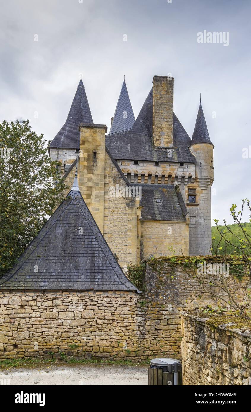 Chateau de Clerans hat ein schönes Schieferdach mit Türmen und Ziersteinarbeiten, Saint-Leon-sur-Vezere, Dordogne, Frankreich, Europa Stockfoto