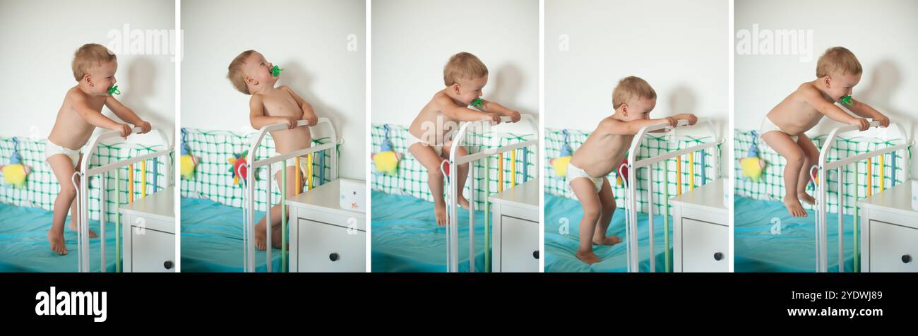 Sequenzfotografie. Ein fröhliches Kleinkind in einer Windel springt vom Gittergeländer in die Luft und zeigt Aufregung und Energie in einer farbenfrohen Krankenschwester Stockfoto