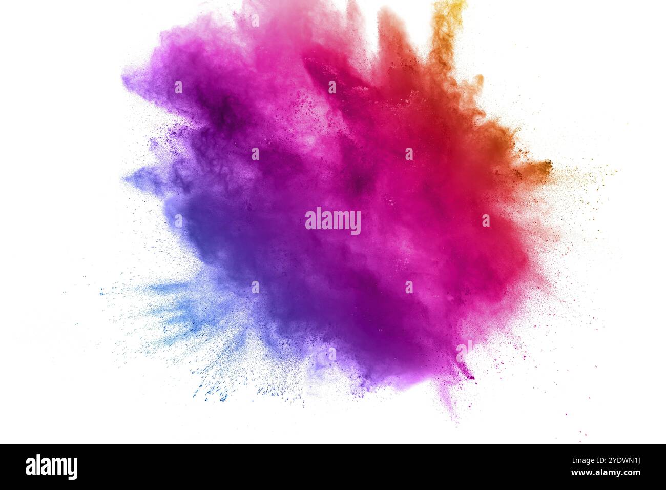 Abstrakte mehrfarbige Pulverexplosion auf weißem Hintergrund. Frostbewegung von Staubpartikeln, die spritzen. Malte Holi im Festival Stockfoto