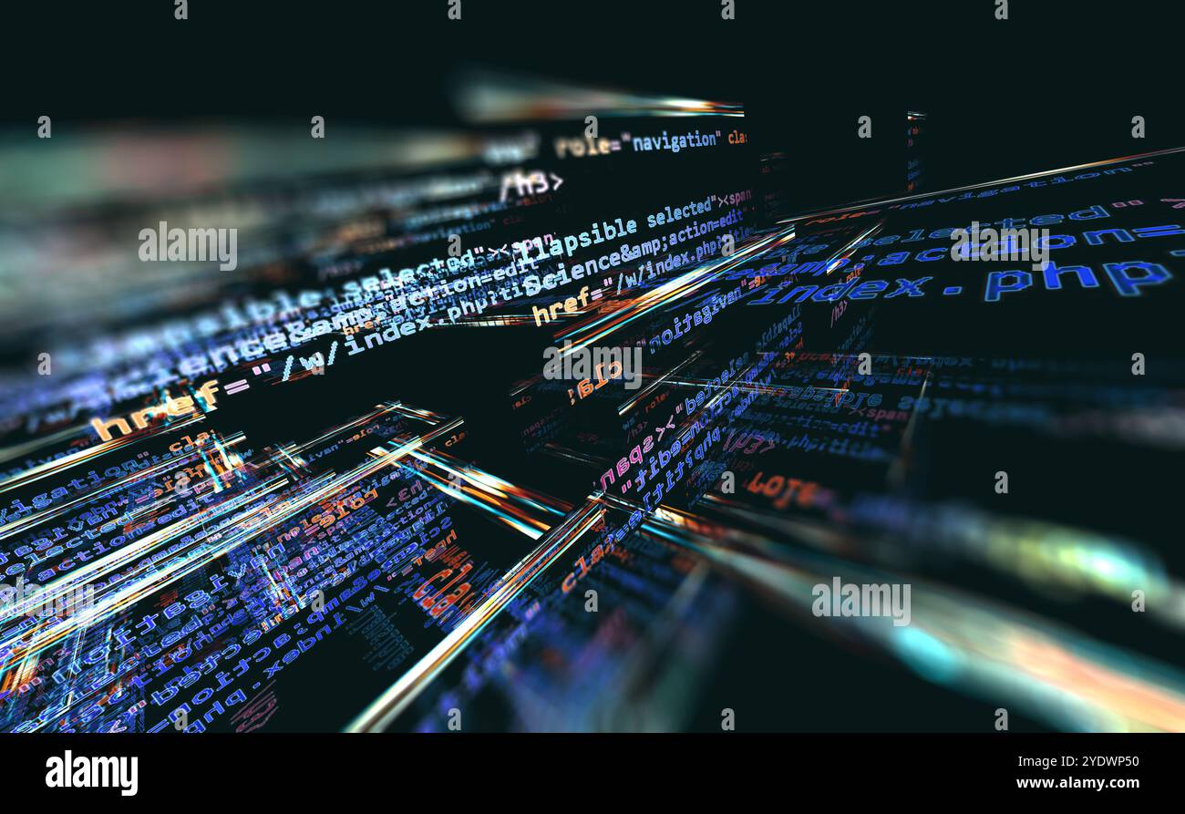 Skript und Quellcode für die Algorithmusentwicklung.3d Illustration.abstrakter Hintergrund der Programmiertechnik und Softwareentwicklung. Stockfoto